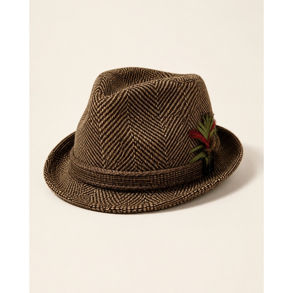 Vintage Brown Houndstooth Fedora Hat with Feather Size 7 3/8 (see measurements)‎